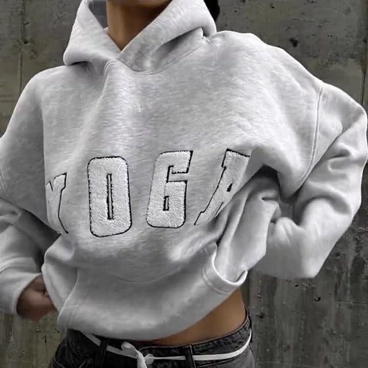 Casual grey embroidered YOGA letters printed loose hooded sweatshirt for women