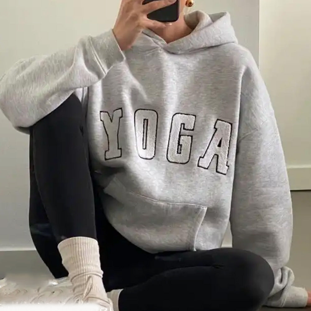 Casual grey embroidered YOGA letters printed loose hooded sweatshirt for women