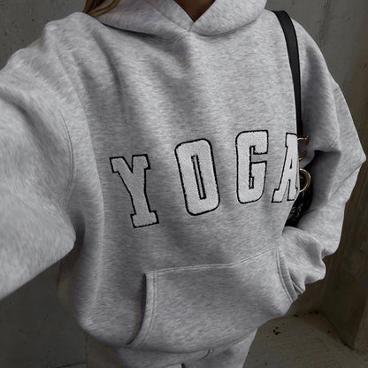 Casual grey embroidered YOGA letters printed loose hooded sweatshirt for women