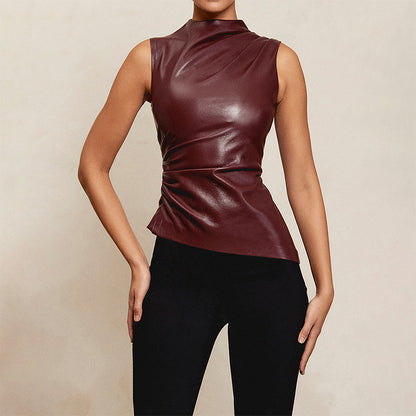 Allegra Asymmetric Faux Leather Gathered Top