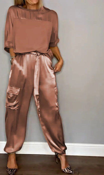 Half-Sleeve Satin Top and Pants Set