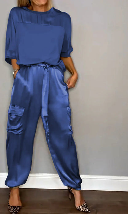 Half-Sleeve Satin Top and Pants Set