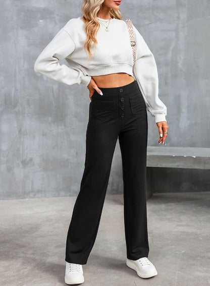 High-Waisted Elastic Casual Pants