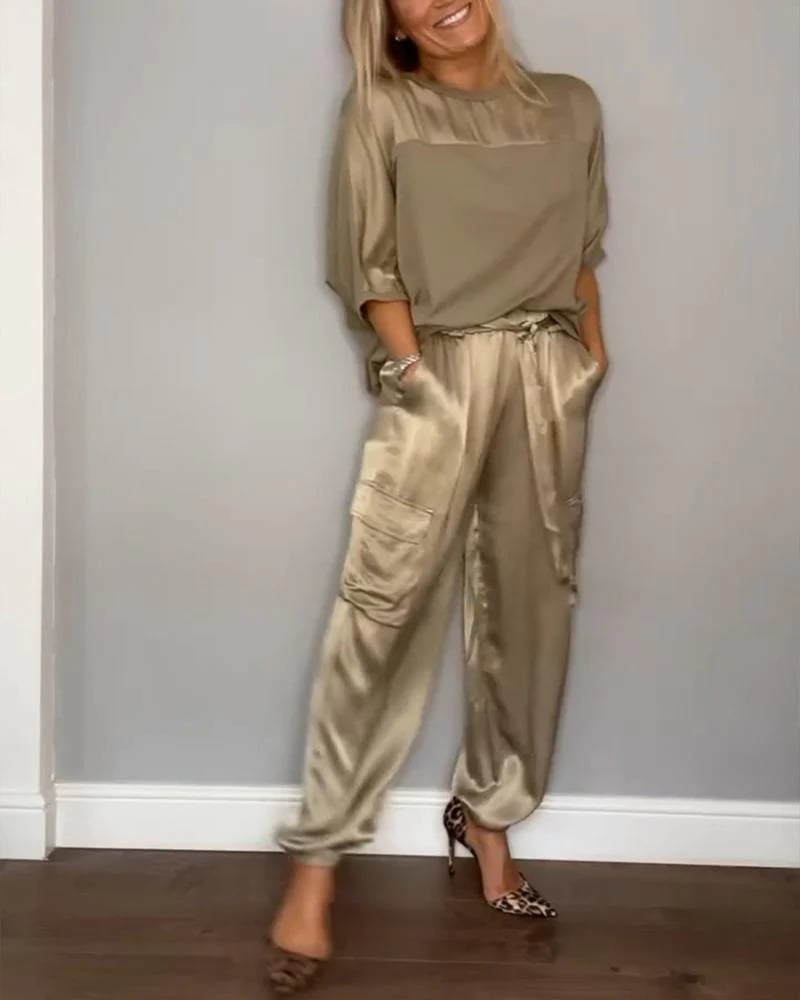 Half-Sleeve Satin Top and Pants Set