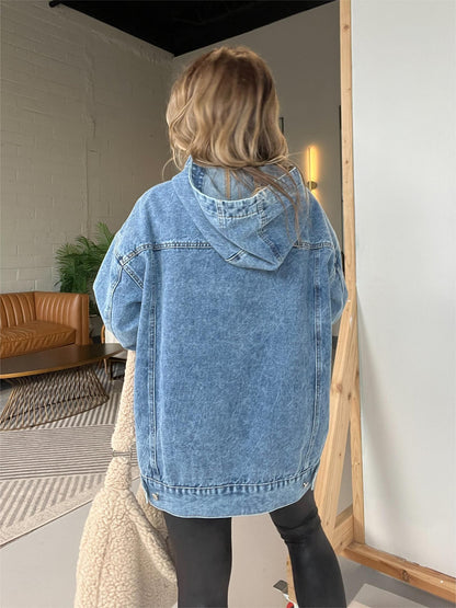 Denim Hooded Sweatshirt With Front Pockets