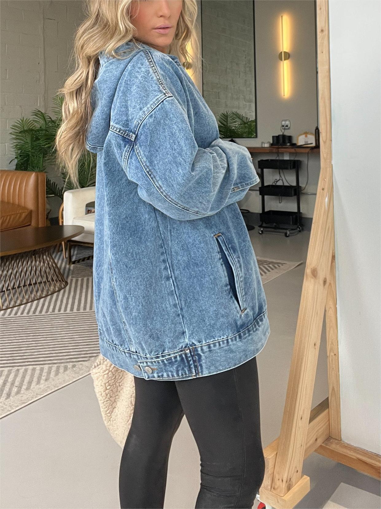 Denim Hooded Sweatshirt With Front Pockets