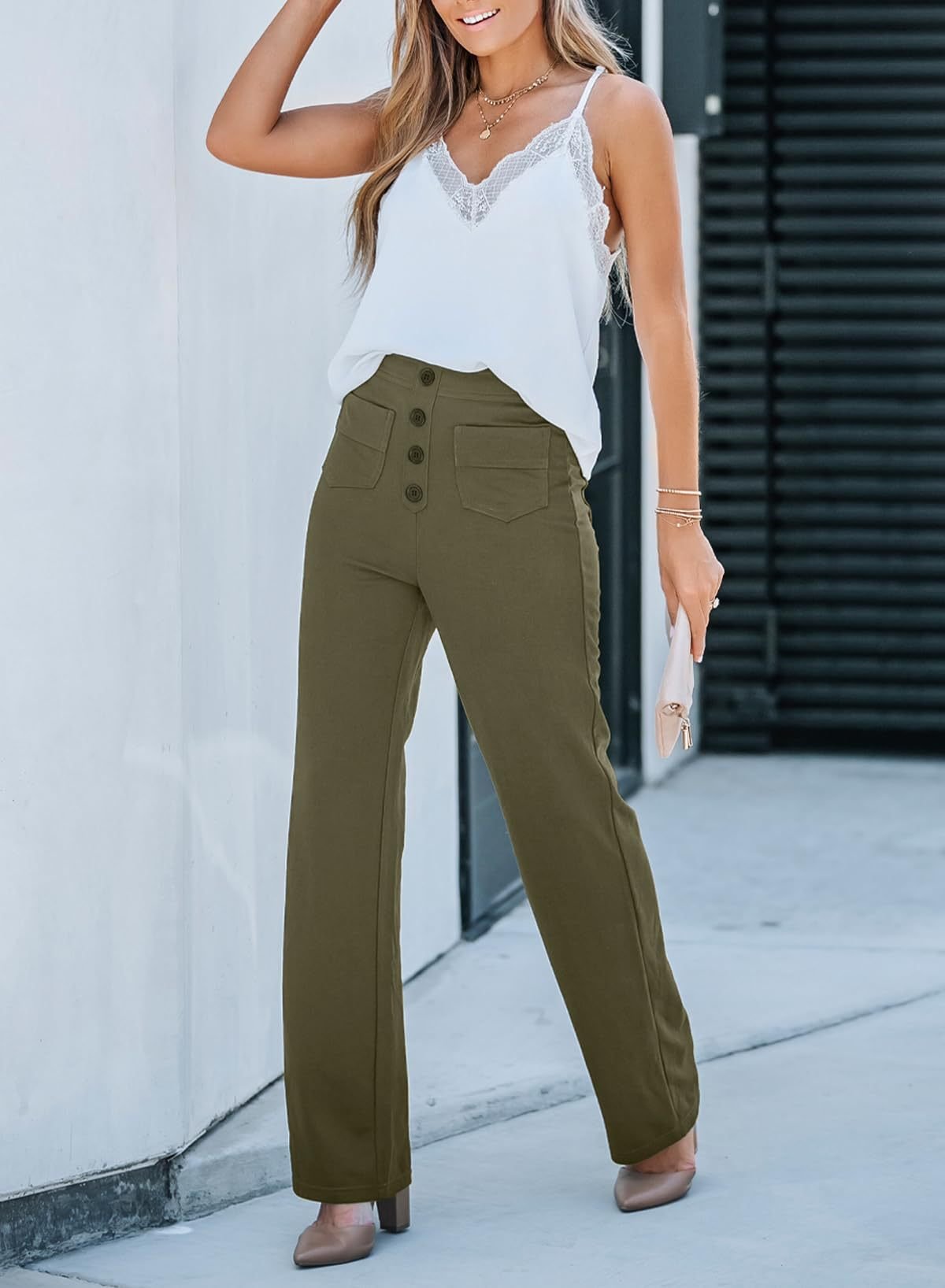 High-Waisted Elastic Casual Pants