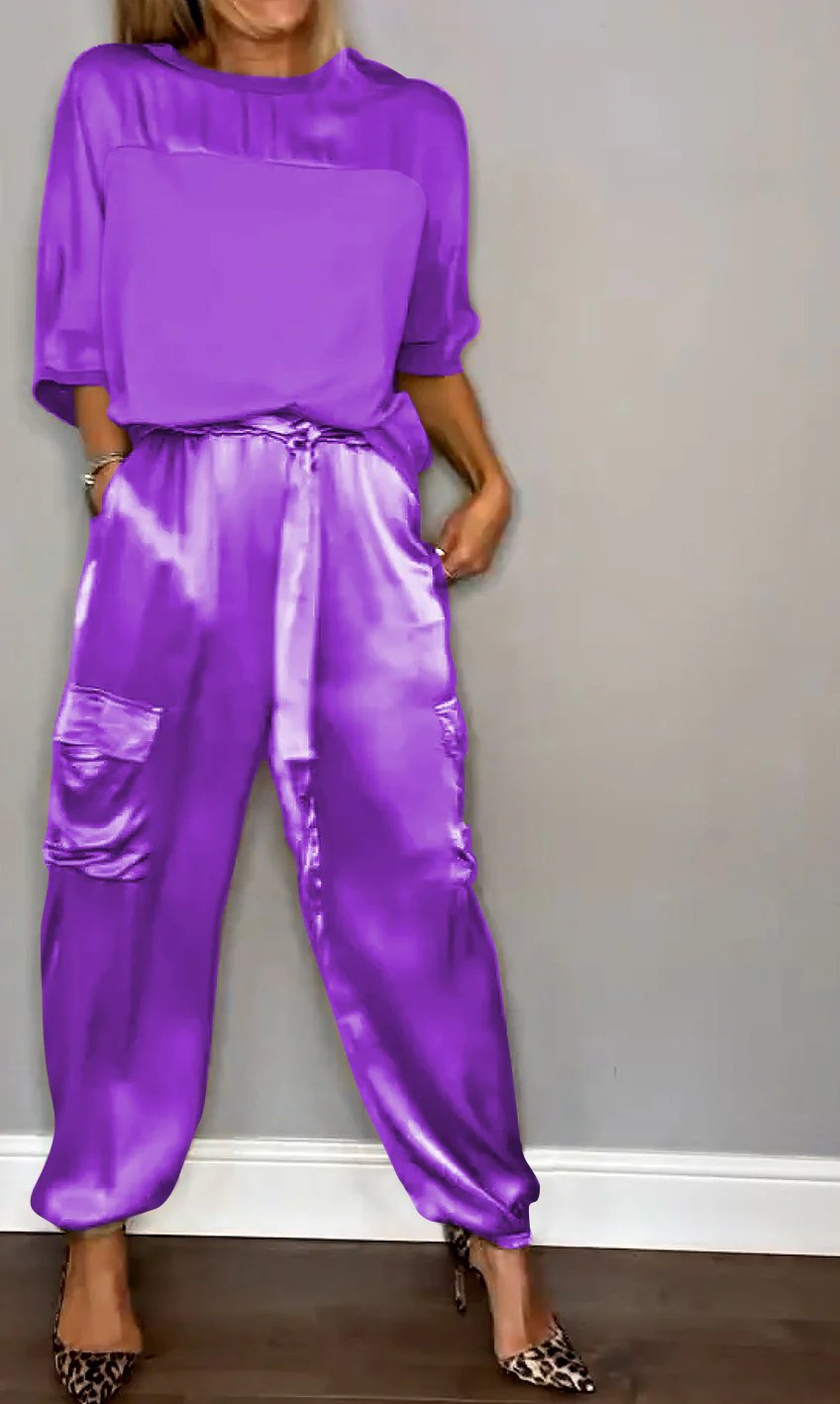 Half-Sleeve Satin Top and Pants Set