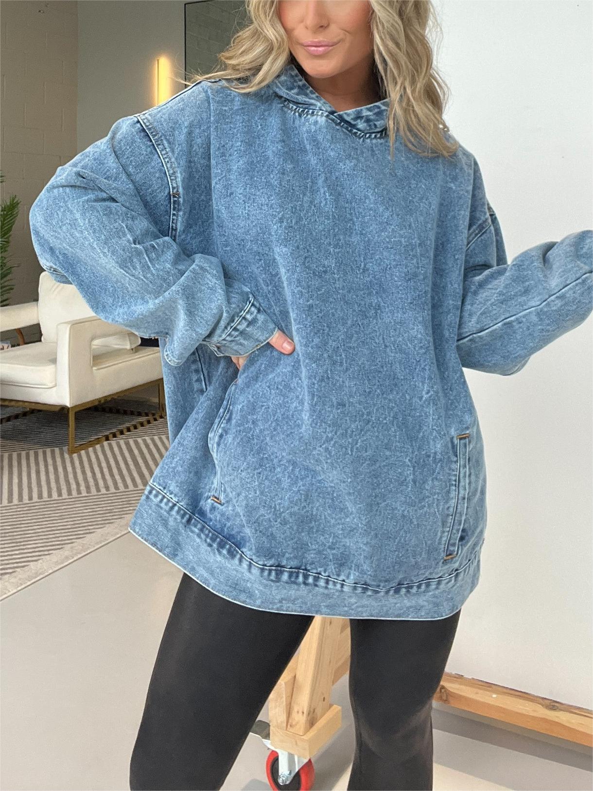 Denim Hooded Sweatshirt With Front Pockets