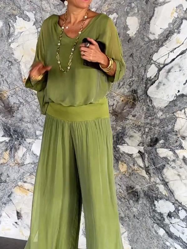 Elegant Chiffon Wide-Leg Pants Two-Piece Set